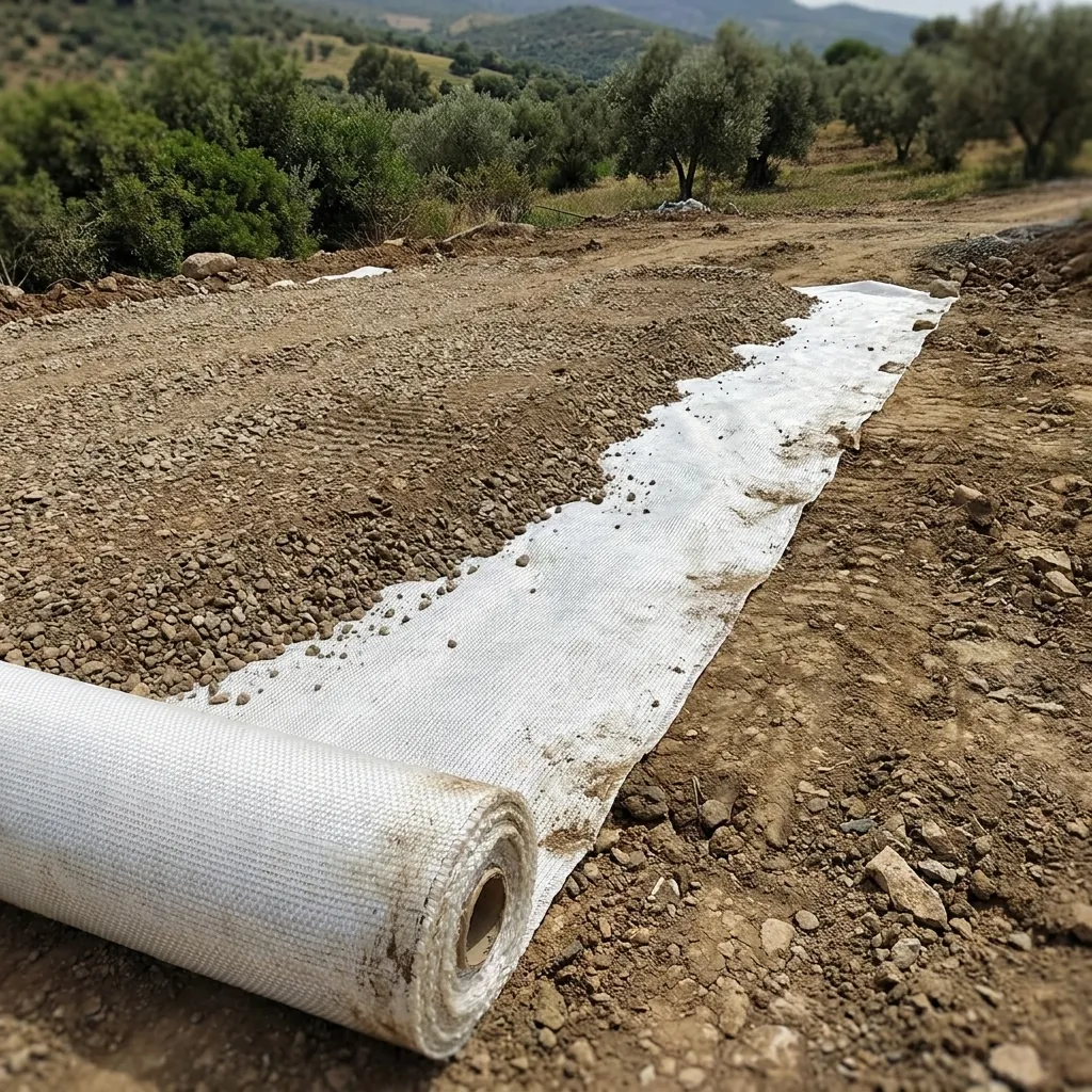 Chemin en cours d’aménagement sur géotextile, dans un paysage d’oliviers
