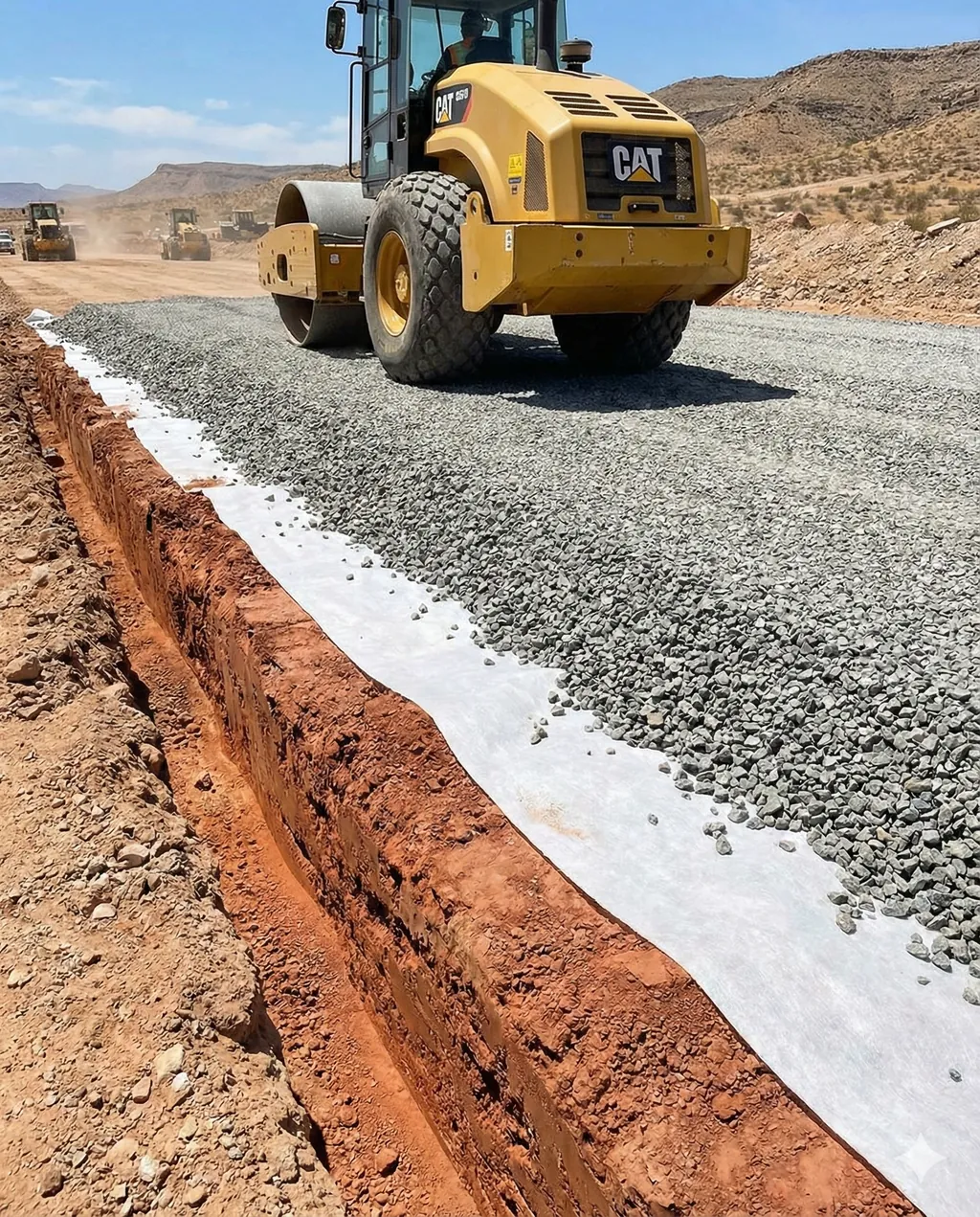 Compacteur sur une couche de gravier posée sur géotextile, en bord de route