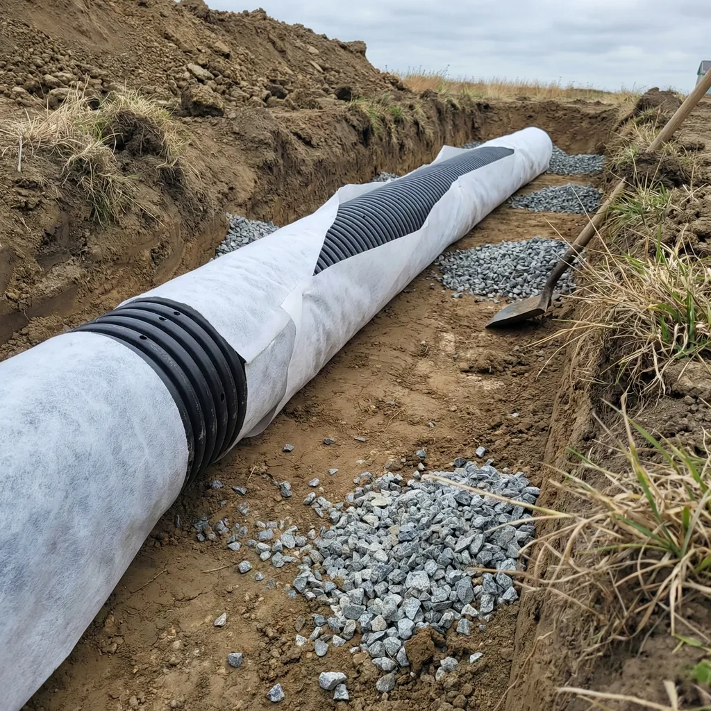 Drain annelé enveloppé d’un géotextile non tissé dans une tranchée