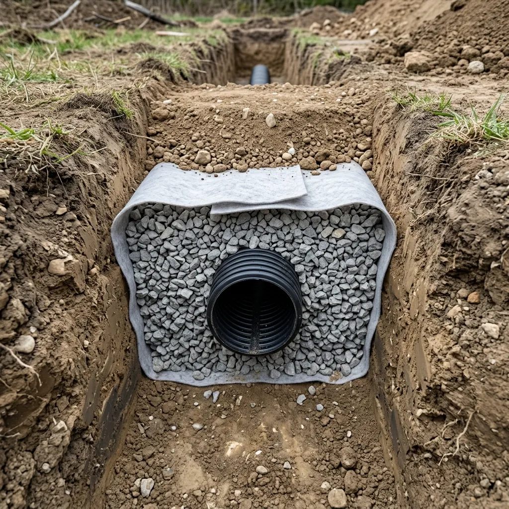 Tranchée drainante : gravier et drain annelé enveloppés de géotextile