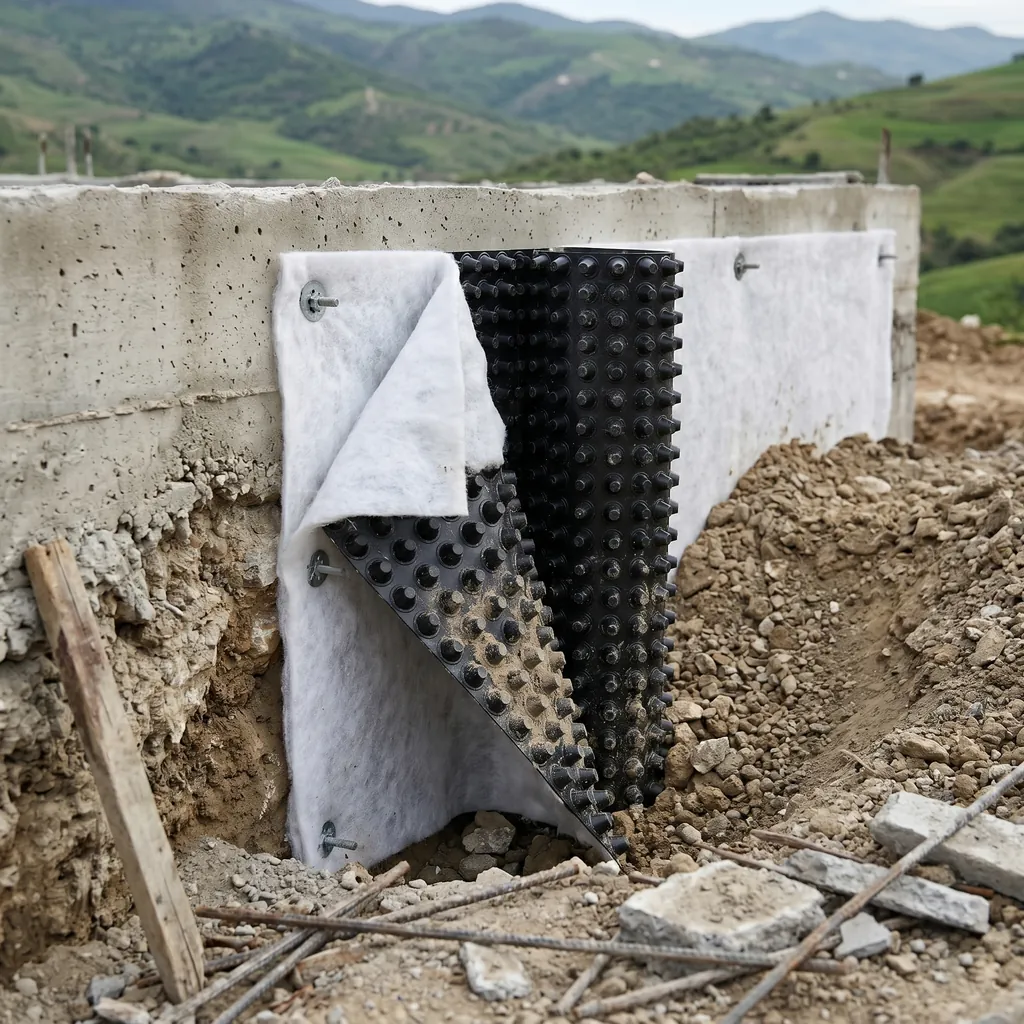 Géocomposite à excroissances et géotextile posé contre un mur en béton