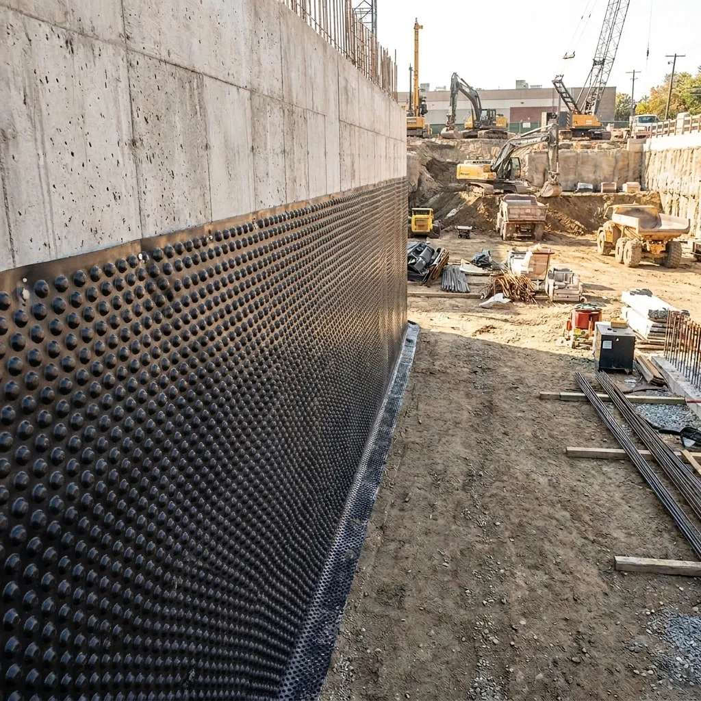 Géocomposite drainant posé contre le mur enterré d’un bâtiment en construction