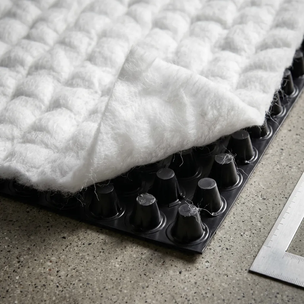 Géocomposite drainant : nappe à excroissances en PEHD recouverte d’un géotextile filtrant