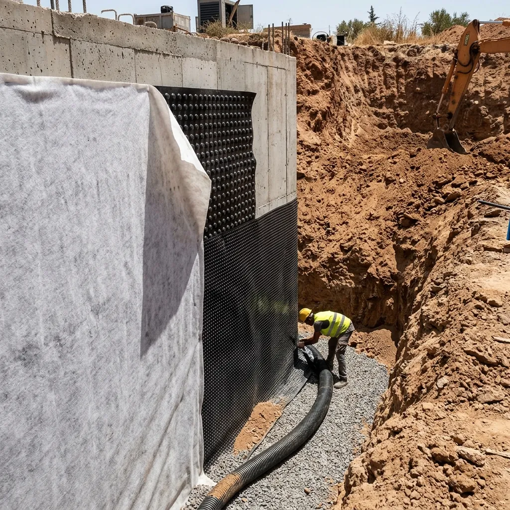Pose d’un géocomposite drainant et d’un drain au pied d’une fondation
