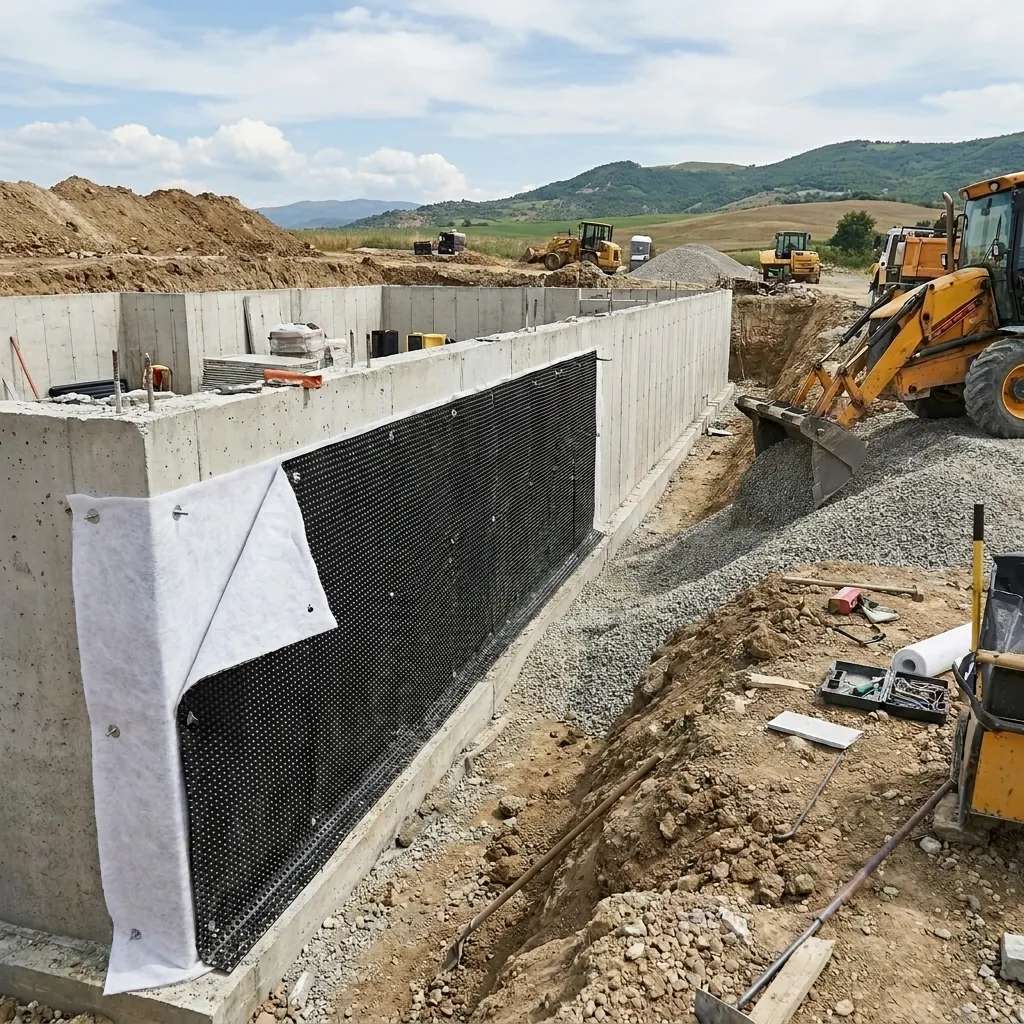 Géocomposite drainant posé contre un mur en béton sur un chantier