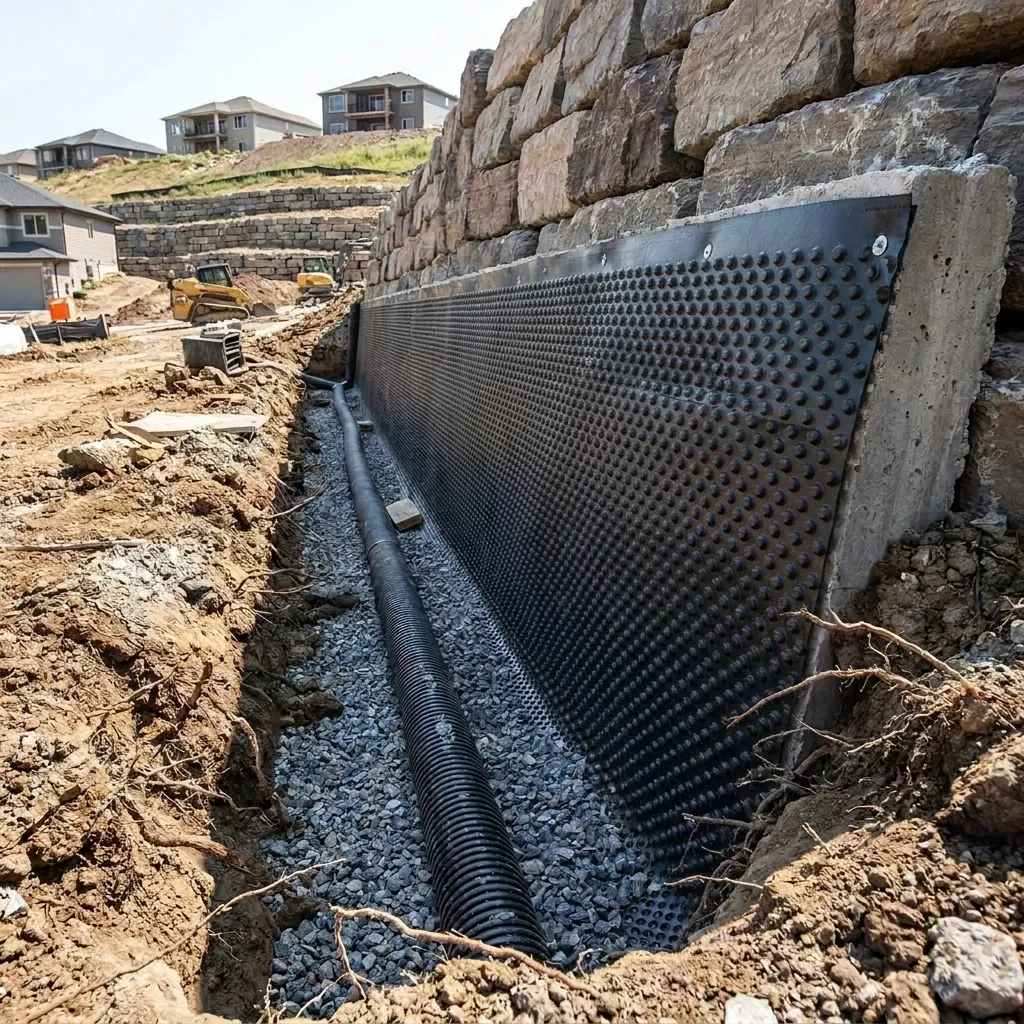 Géocomposite drainant contre un mur enterré, drain posé en pied