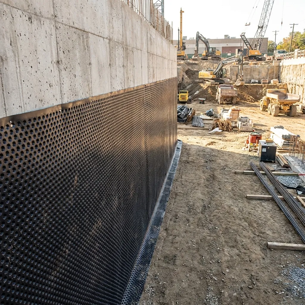 Géocomposite drainant posé contre un voile en béton sur un chantier