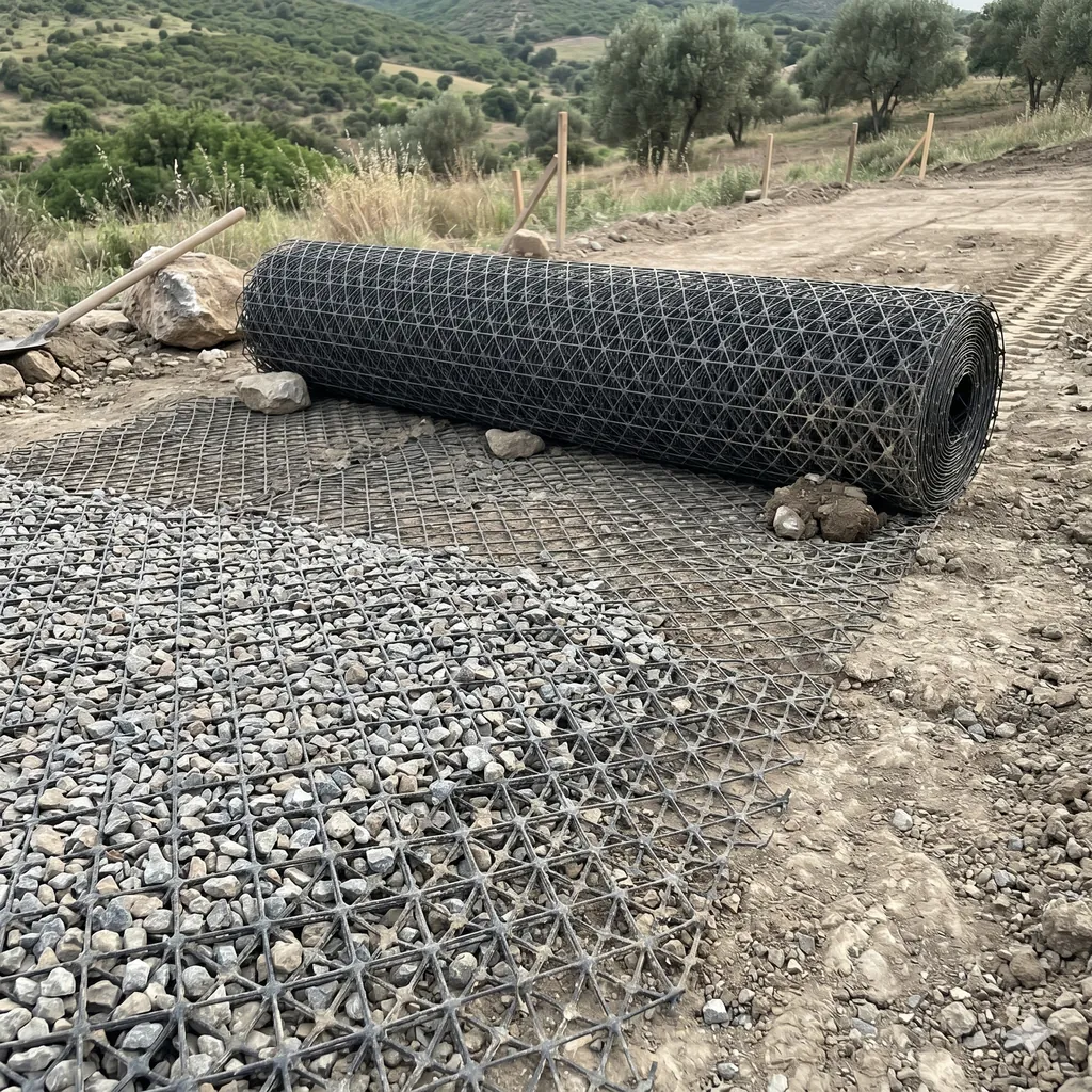 Rouleau de géogrille triaxiale et couche de gravier sur une piste