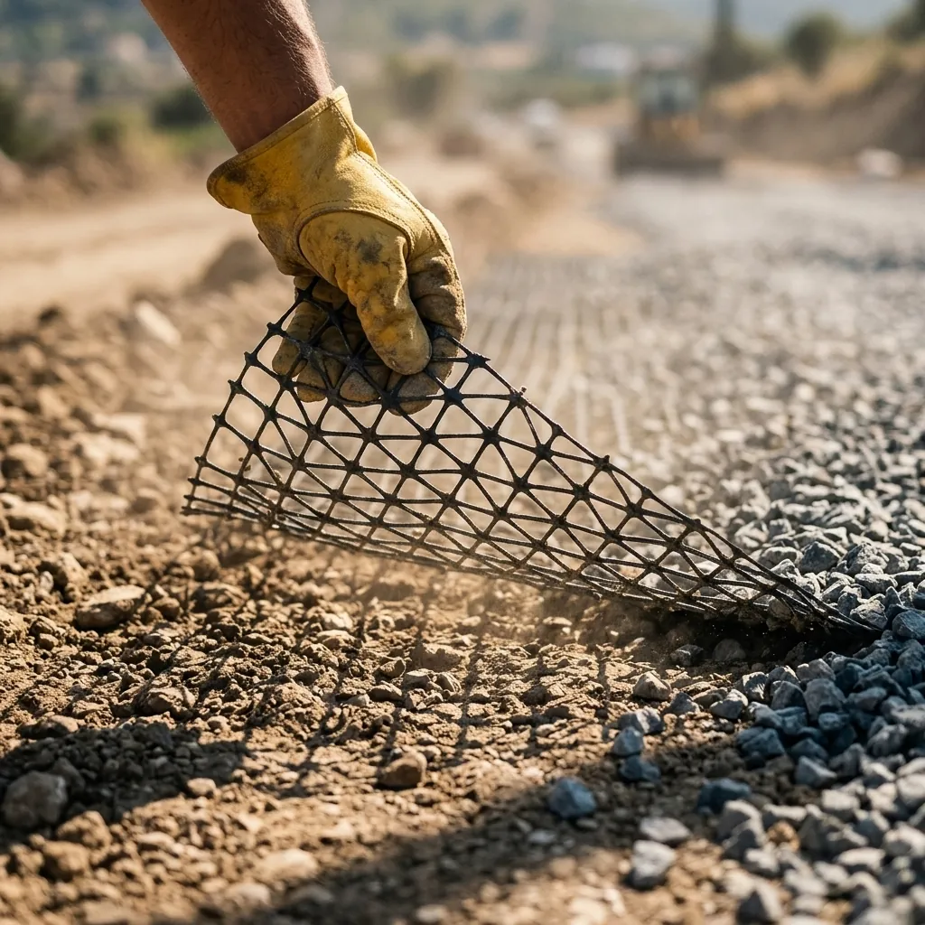 Main gantée soulevant le bord d’une géogrille triaxiale avant le remblai