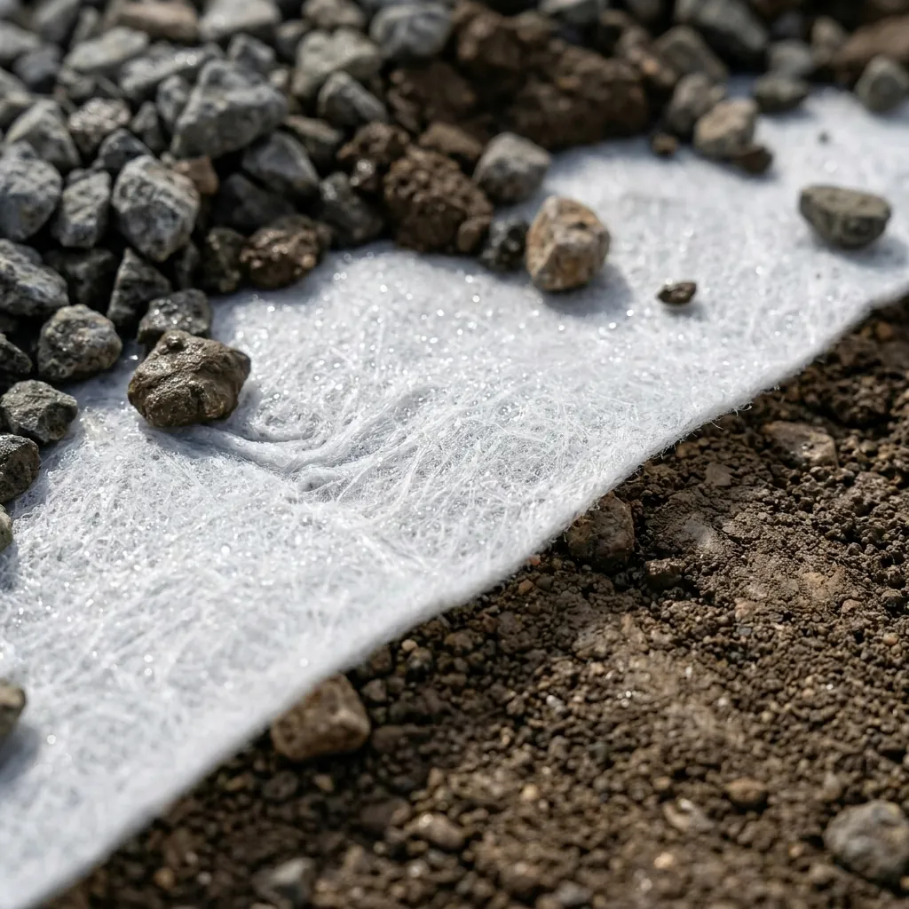 Géotextile non tissé sous une couche de gravier