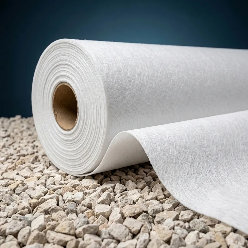 Rouleau de géotextile non tissé blanc posé sur du gravier