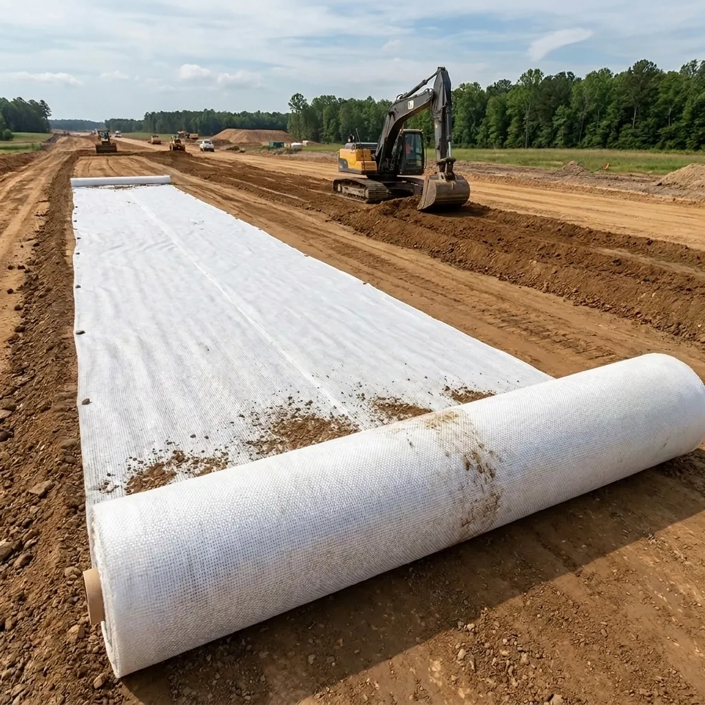 Rouleau de géotextile tissé déroulé sur une plateforme en terrassement