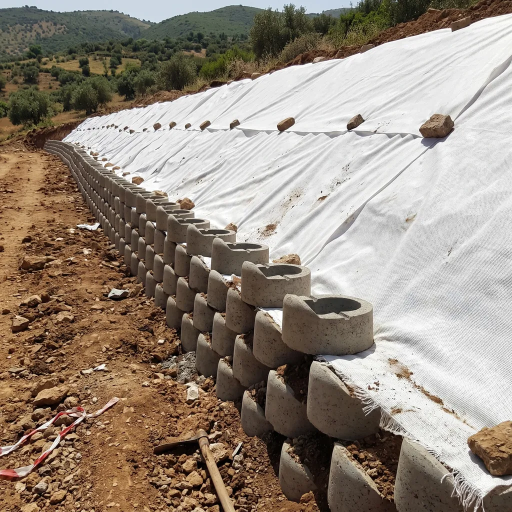 Géotextile tissé posé derrière un mur de blocs de soutènement