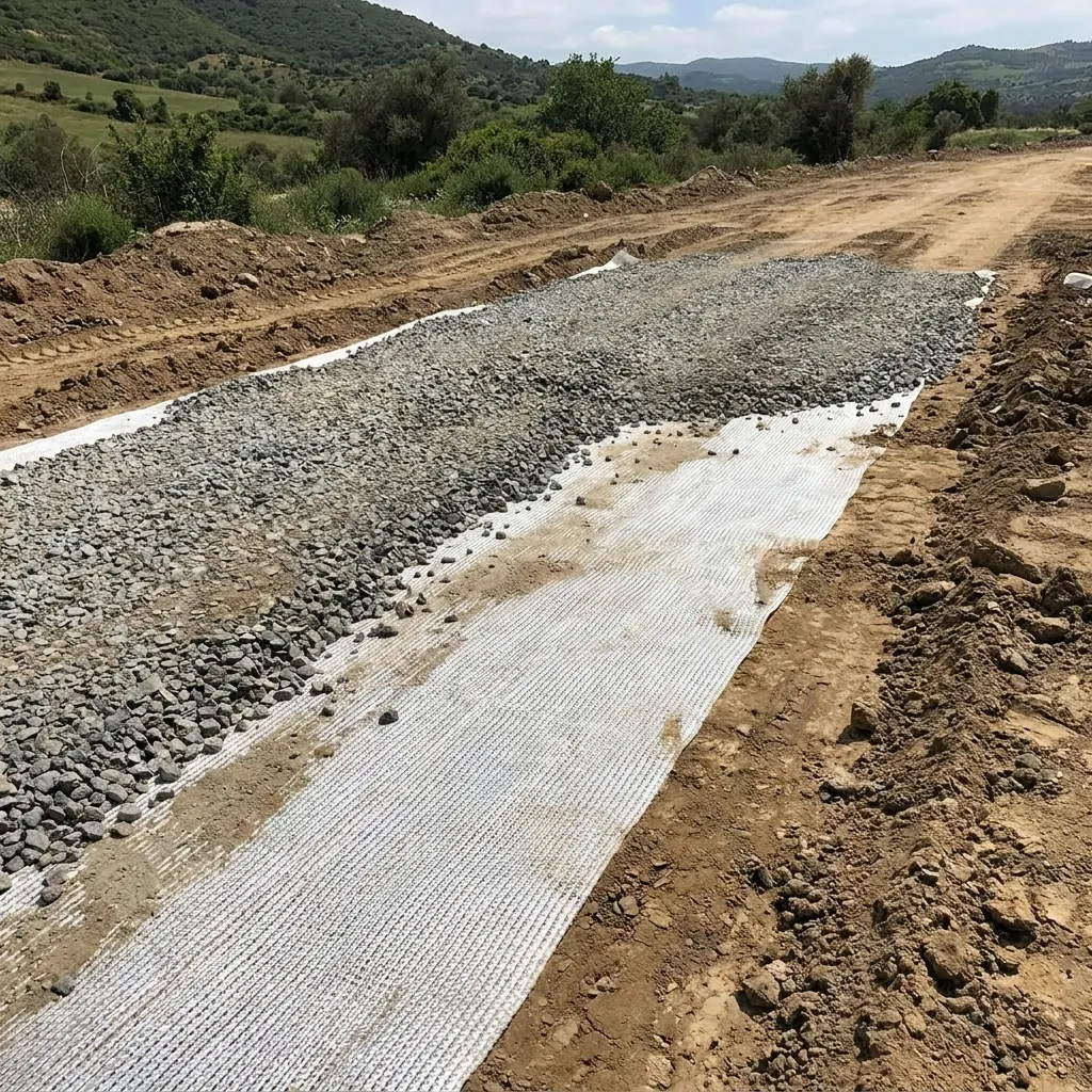 Géotextile tissé sous une couche de gravier sur une piste