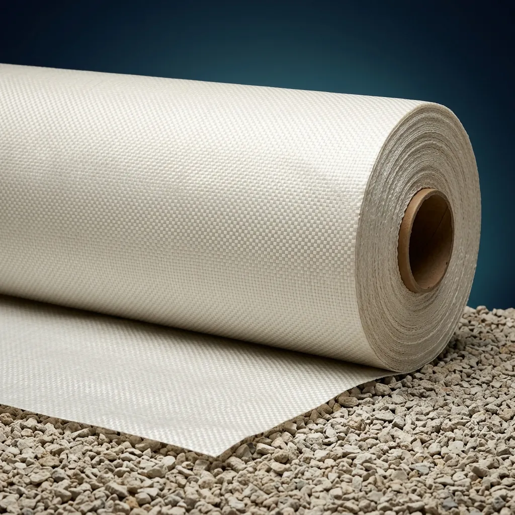 Rouleau de géotextile tissé, trame visible, posé sur du gravier