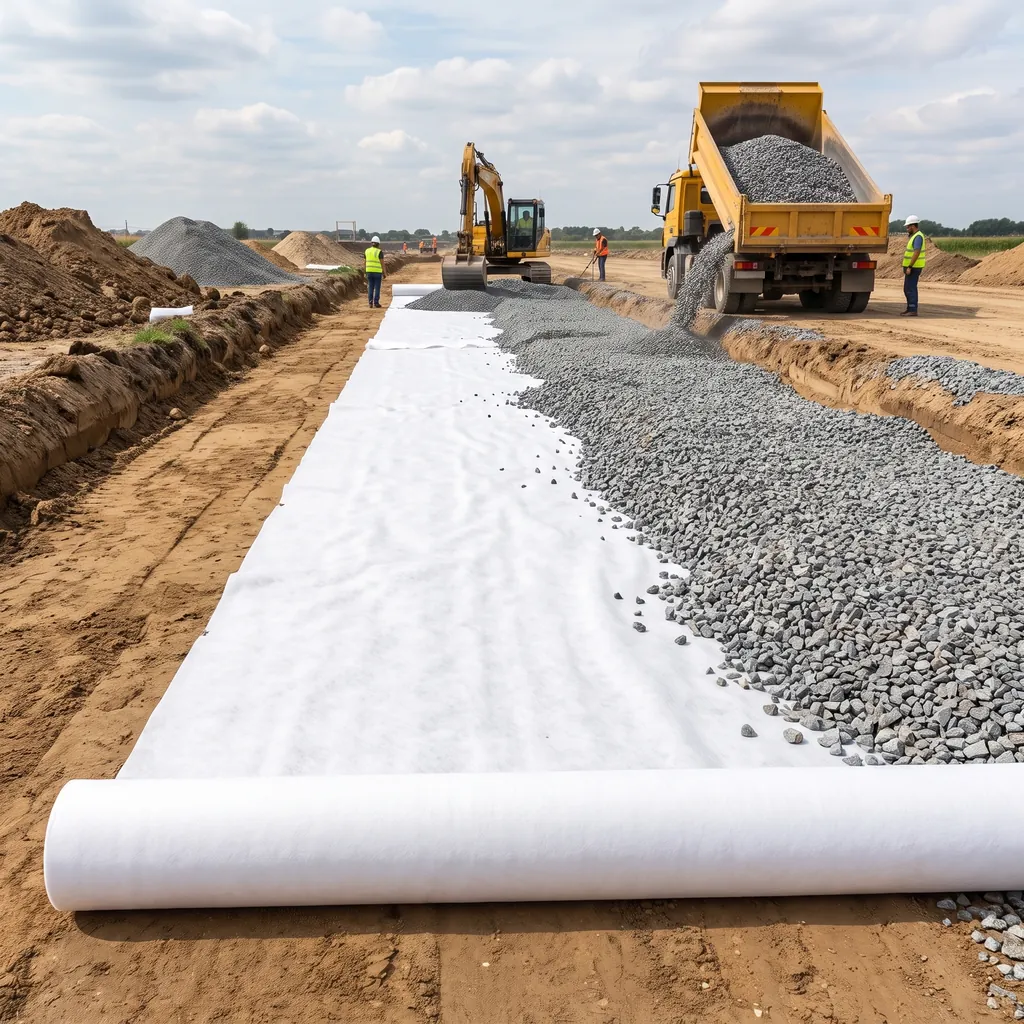 Géotextile déroulé sous la couche de forme d’une route, camion-benne et pelle en arrière-plan