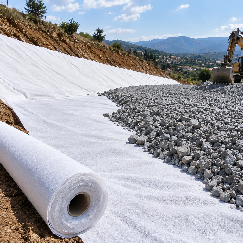 Géotextile non tissé déroulé sur un talus, gravier en cours de mise en place
