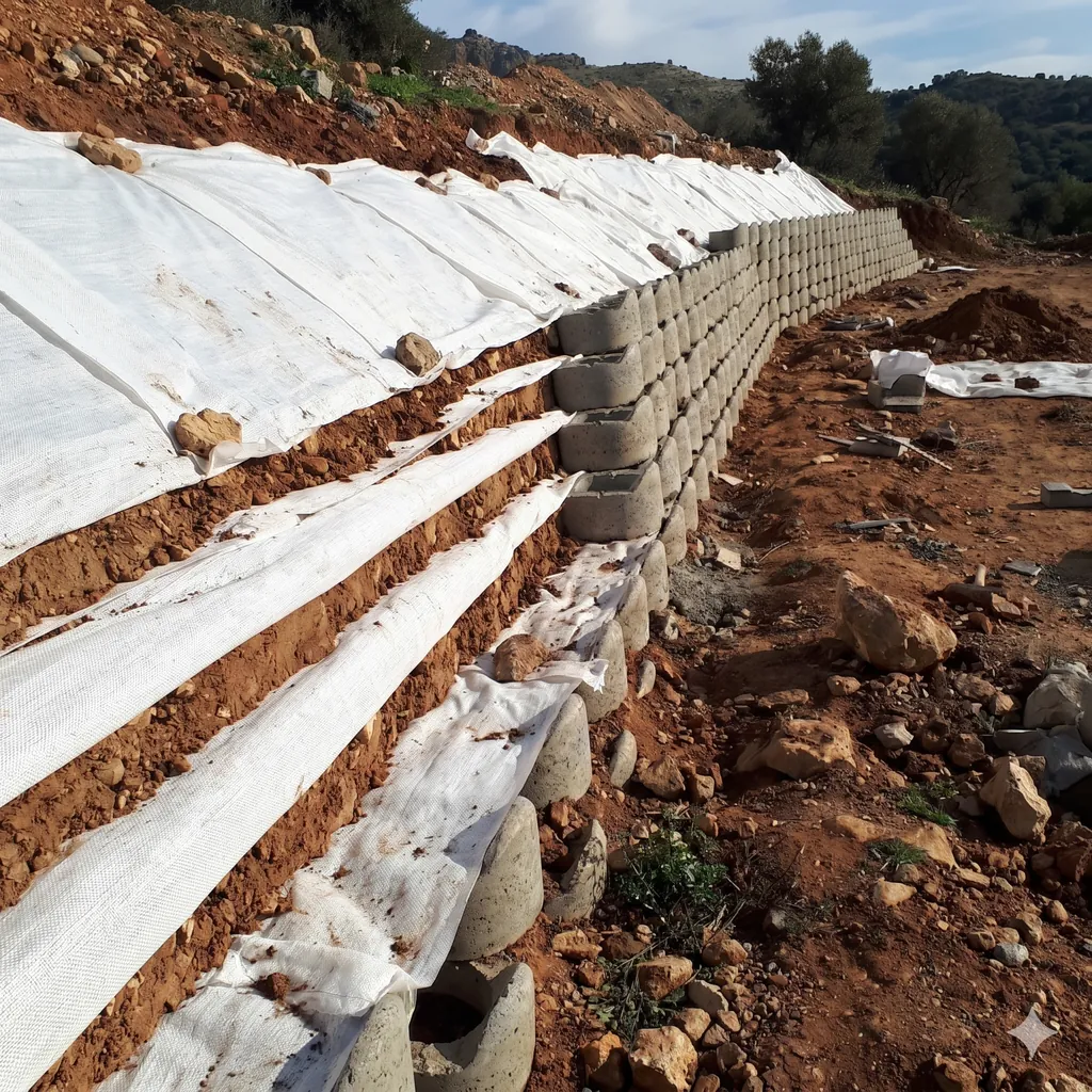 Talus renforcé par des lits de géotextile derrière un mur de soutènement en blocs