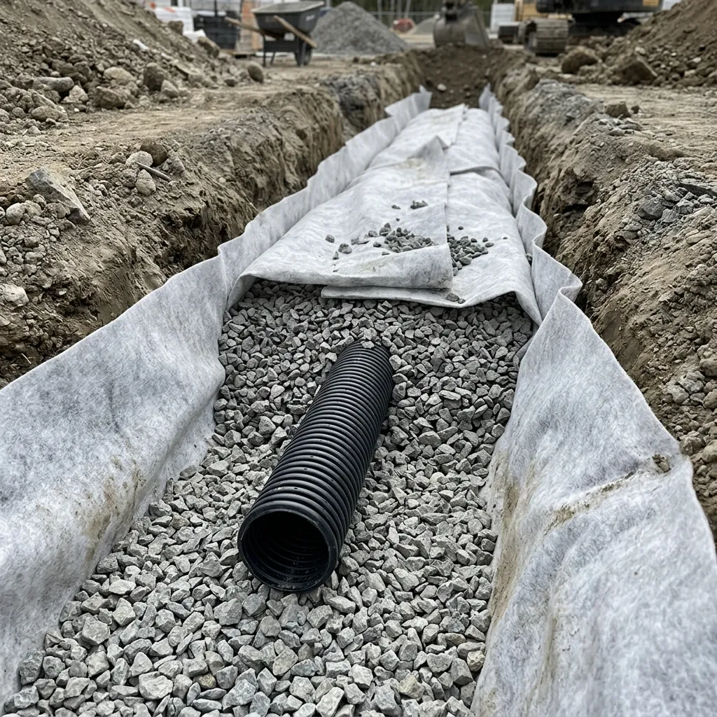 Tranchée drainante : géotextile, gravier et drain annelé